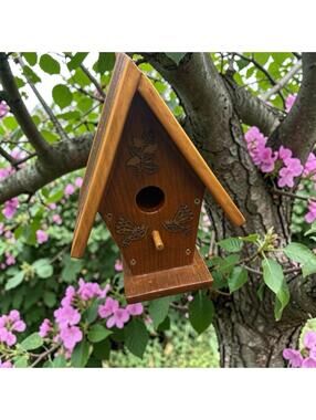 Vintage GORGEOUS Rustic Handcrafted Wooden Wren Birdhouse with Etched Bird Decor